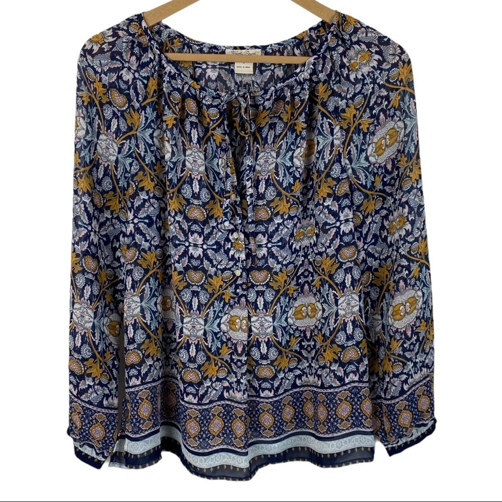 Lucky Brand Tie Front Long Sleeve Sheer Blouse Top